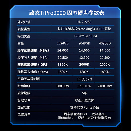 ZhiTai Yangtze Storage 2TB SSD solid state drive NVMe M.2 interface TiPro9000 series (PCIe 5.0 product) comes with a radiator
