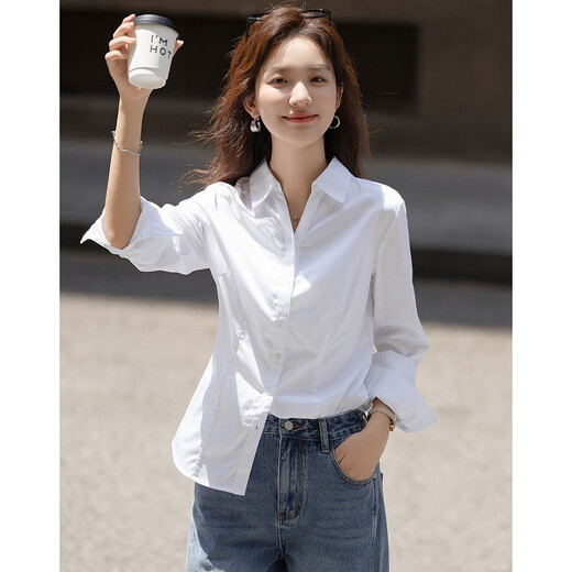 Demana pure cotton island autumn temperament commuter V-shaped lapel shirt princess line waist long-sleeved shirt women's tops