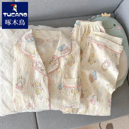 Woodpecker mikko pajamas women's summer pure cotton gauze short-sleeved ins Japanese cute spring and autumn home clothes three-piece set Yunduo Cotton-J9901# Paradise Puppy Three-piece Set M [Suggestion 75-100Jin [Jin equals 0.5 kg]]