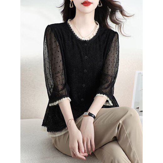 OLJ High-End-Marken-Seiden-T-Shirt für Damen 2025 Sommer neuer Stil Design Temperament modisches besticktes Maulbeerseiden-Top schwarz L empfohlen 120Jin Jin entspricht innerhalb von 0,5 kg