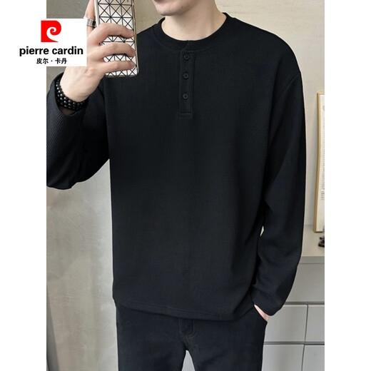 Pierre Cardin Henry Collar Long Sleeve T-shirt Men's 2025 New Spring and Autumn Autumn Clothes Button Solid Color Inner Bottoming Shirt Sweatshirt Men's 433 Black M 90-115Jin Jin is equal to 0.5 kg