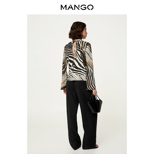 MANGO Year-End Discount Women's Shirts 2026 Spring New Blouse Zebra Stripe Print Bell Sleeve Top Black M