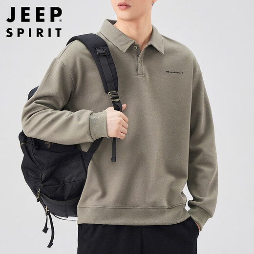 JEEP SPIRIT Jeep POLO shirt men's sweatshirt autumn and winter loose long-sleeved lapel T-shirt top men gray green XL