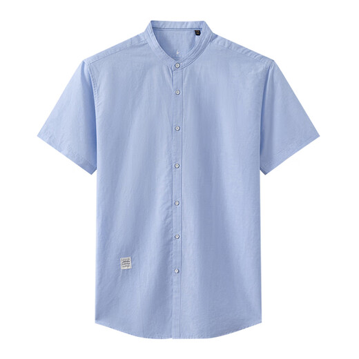 七匹狼高端男士透气男士衬衣夏季净色商务潮薄男装立领棉麻休闲短袖衬衫 浅蓝 S 165/84A/3895-105斤