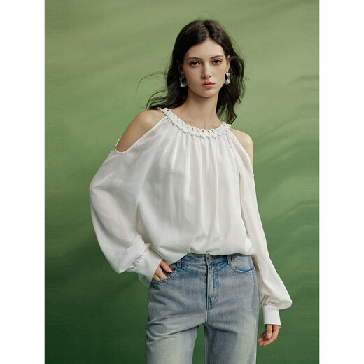 ELLE【漂浮月光】ELLE白色露肩小众设计感小衫女2026春季新款气质衬衫 白色 M