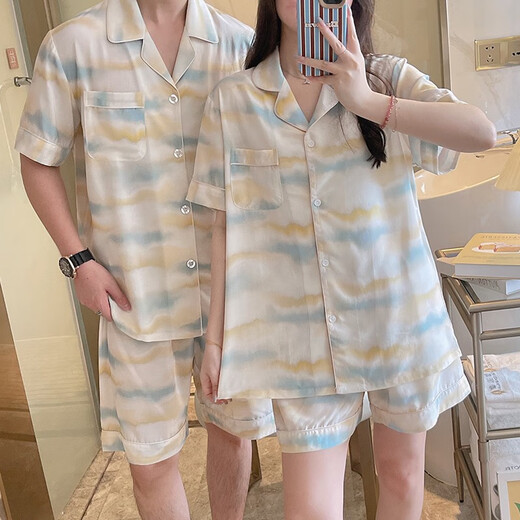 Cardigan couple pajamas women summer air conditioning clothes rayon home clothes cotton silk men can be worn outside short-sleeved cotton silk suit thin 9902 tie-dyed amber XL