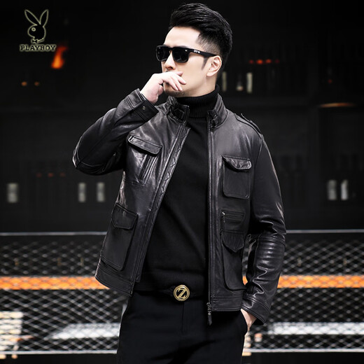 Playboy (PLAYBOY) 2025 Autumn and Winter New Haining Hunting Suit Genuine Leather Jacket Men's Motorcycle Jacket Thin Slim Fit Work Jacket Black XL / 130 150Jin Jin is equal to 0.5 kg