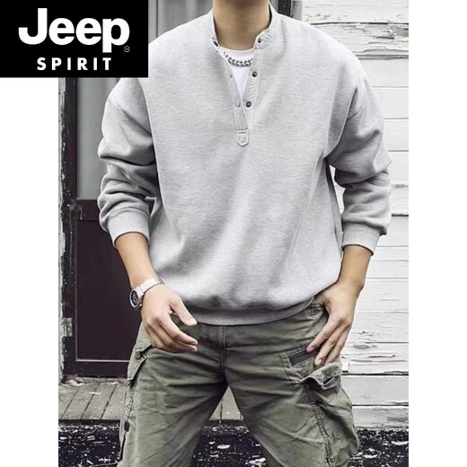 JEEP SPIRIT Japanese retro autumn and winter men's Henry collar long-sleeved T-shirt bottoming shirt plus velvet warm casual pullover sweatshirt large size gray regular style high quality M