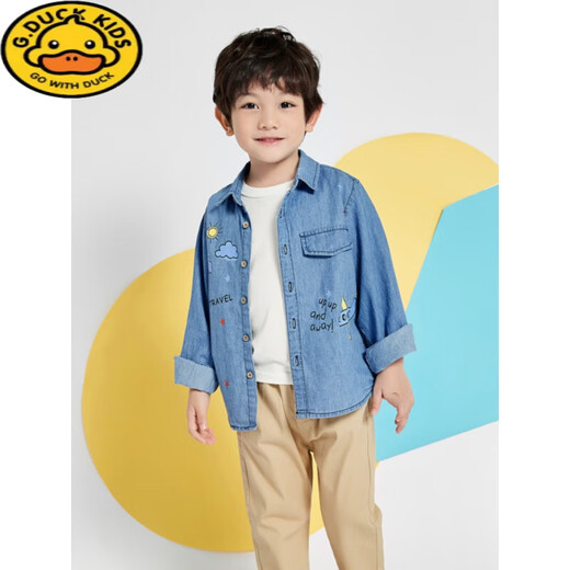 G.duck Boys Denim Shirt Pure Cotton 2026 Spring Children's Lapel Shirt Western Style Korean Baby Jacket Spring and Autumn Clothes Dark Denim Color 100 Suitable for Height 90-100cm Age 3-4 Years Old