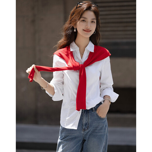 Demana pure cotton island autumn temperament commuter V-shaped lapel shirt princess line waist long-sleeved shirt women's tops