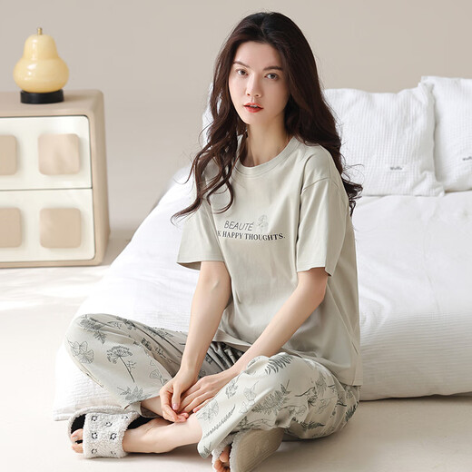 LangSha 2025 new pajamas for women summer short-sleeved trousers can be worn outside casual home clothes suit YZT9721 M Recommended 80-100Jin Jin equals 0.5kg to wear