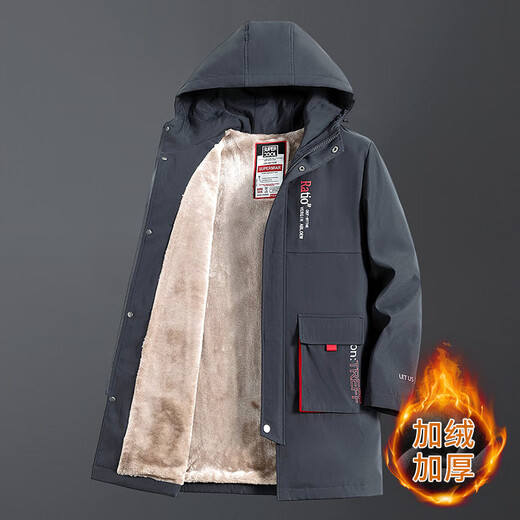 Shengfangyuan Hangzhou Italian French Windbreaker Men's Windbreaker Mid-Length Jacket Winter Southern Velvet Thickening Fatty Extra Large Size Width - Medium Gray Velvet 7XL (225-255) Jin Jin is equal to 0.5 kg