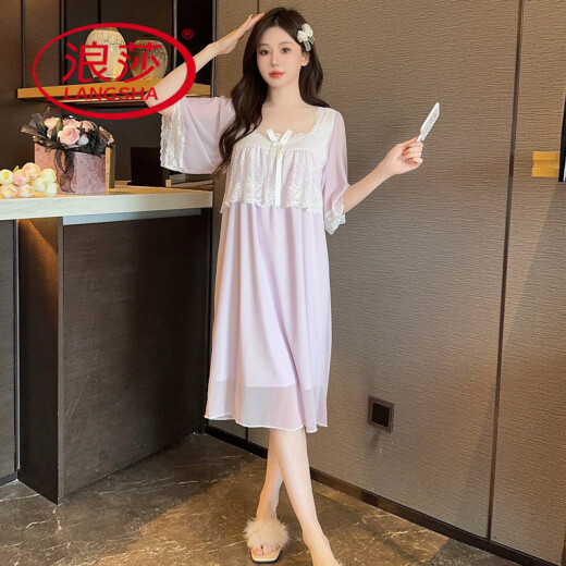 LangSha (LangSha) nightgown with breast pad for women summer mesh short-sleeved palace princess style pajamas sweet and cute lace lace home clothes E-W7373# pink chestless pad M
