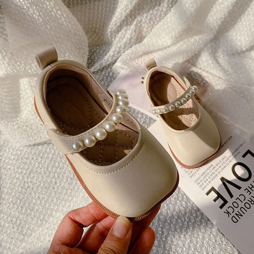G.duck girls' small leather shoes 2025 spring and autumn new princess shoes with dress children's shoes pearl baby girl soft sole children's leather shoes beige 15 inner length 12.0 cm