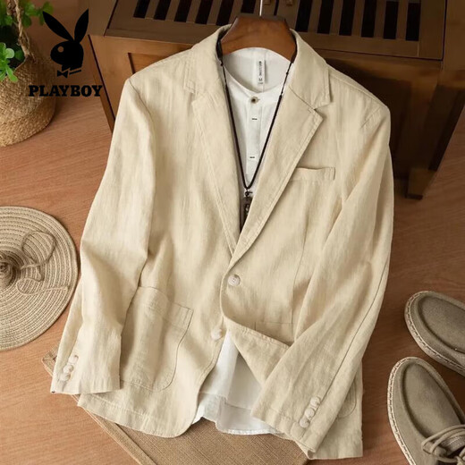 花花公子夏季新款休闲百搭棉麻西装外套男宽松时尚高端苎麻单层西服夹克男 卡其 XL