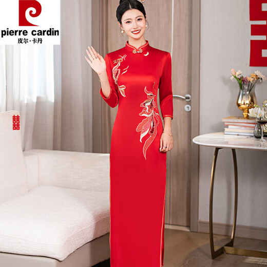 Pierre Cardin's new acetate satin cheongsam red double-layer Chinese style retro long wedding banquet toast dress for grandma M's burgundy 4XL recommended 135-150 Jin Jin equals 0.5 kg