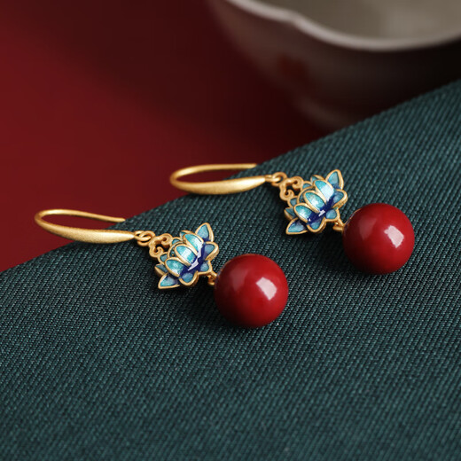 Little Silversmith Cinnabar Lotus S925 Silver Earrings Women's New Chinese Style Red Retro Enamel Earrings Earrings Earrings Gift