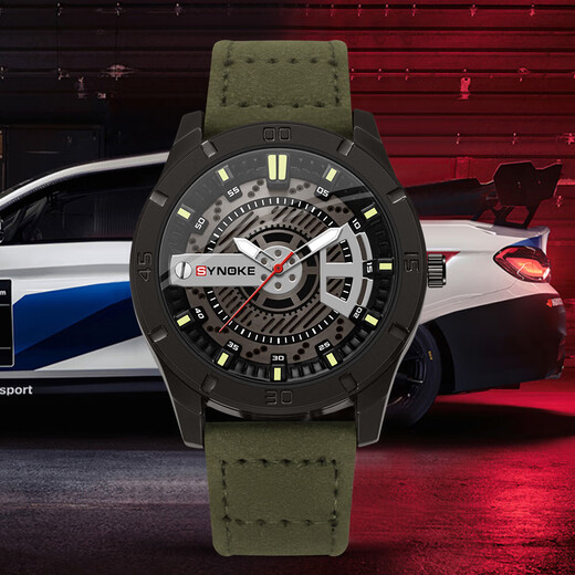 时诺刻男士手表轻奢石英腕表时尚皮革表带石英手表复古小众设计 6173军绿
