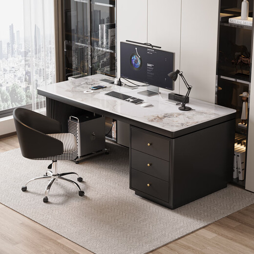 Verdainton Italian light luxury style computer desk bedroom student study table new home slate desk study office writing desk black feet + black cabinet + Chanel glossy 160*60*75 single table with desktop power strip + threading hole + host position