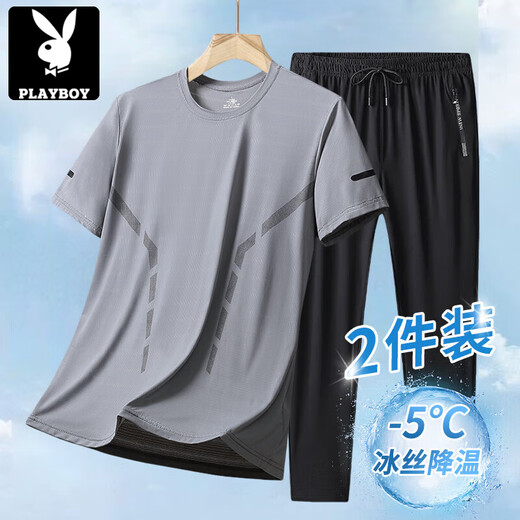Playboy (PLAYBOY) summer ice silk t-shirt suit men casual casual men round neck short sleeve cropped pants suit men loose large size 903 black clothes + 724 black straight trousers [2 pieces] XL Recommended 120-135 Jin [Jin equals 0.5 kg]