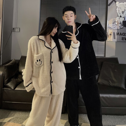 Modal Couple Pajamas Women's Winter Coral Fleece Thickened Cartoon Cute Men's Loose Autumn and Winter Home Clothes Set W1008 Black + White One Set for Men and Women M Women + Men 3XL