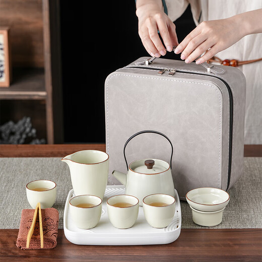 Huang Ru Kiln travel tea set household one pot four cups outdoor portable tea drinking 2025 new teacup teapot Ru Kiln yellow covered bowl four cups + square gray bag set