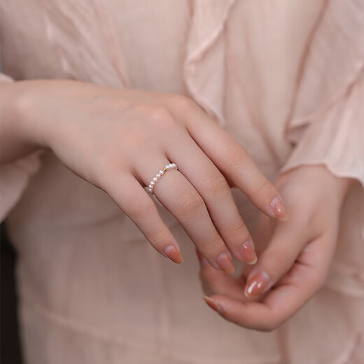 Dara 18K gold bean pearl ring with strong pink light 3-4mm, about 21 elastic cord, Chinese Valentine's Day gift for girlfriend