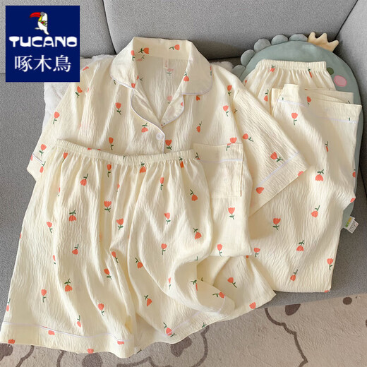 啄木鸟甜美玫瑰花纯棉纱布睡衣女款夏季短袖短裤长裤三件套装开衫家居服 云朵棉-J9901#乐园小狗三件套 M 【建议75-100斤】