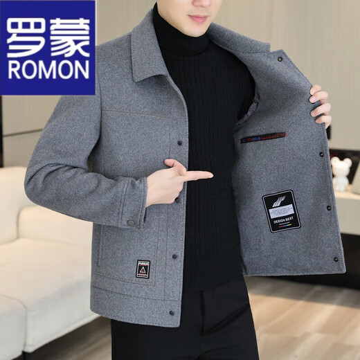 ROMON woolen jacket men's autumn and winter double-sided woolen jacket men's casual lapel thick woolen top short wool coat 2308 Khaki double-sided woolen coat 2XL 141-160Jin Jin equals 0.5 kg