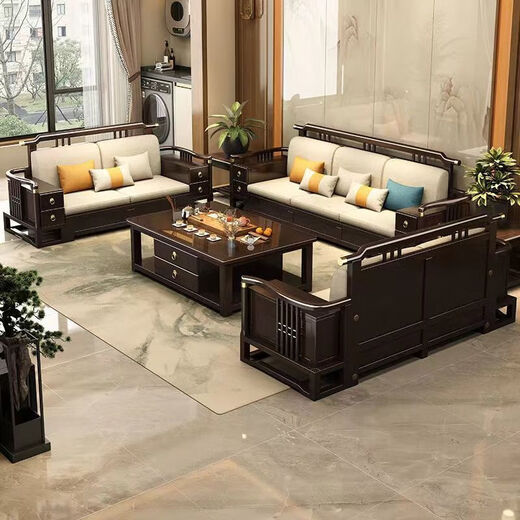 No. 1 Haoting Solid Wood Sofa Living Room New Chinese Furniture Small Apartment Single and Double Triple-Player Storage 2025 New Model 9906# Four+ Expensive+Drawer Coffee Table+TV Cabinet+Single [Storage] Cotton and Line Cloth Cover