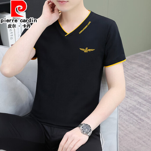 Pierre Cardin Sommer Herren kurzärmelig T-Shirt Pure Cotton V-förmige Ausschnitt Trendy Slim halbärmelte Jugendlosen-Casual-Top Dünn Sweatshirt Black Qy693 m