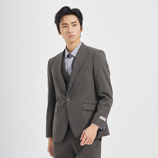 Lilang Youth Business Men's TR Blended Suit Men's Patch Collar Easy-Care Formal Suit Three-piece Set Gray Coffee (1SA) 185A