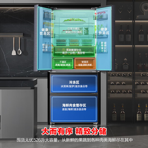 Rongsheng 526 liter double purification dual system French multi-door four-door refrigerator household first-class energy efficiency air-cooled frost-free energy-saving large capacity BCD-526WD1MPA gray state subsidy dual system dual cycle IDP active sterilization and odor purification