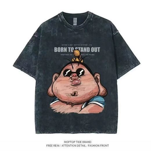 嵘虎 美式高街短袖T恤男生夏季卡通动漫水洗做旧港风潮牌潮流半袖体恤 T673黑色 XL