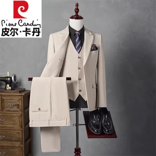 Pierre Cardin light luxury high-end no-iron suit suit men's jacket business casual formal groomsmen suit groom wedding suit men 93619 apricot suit + shirt + trousers / three-piece suit M 105-115Jin Jin equals 0.5 kg