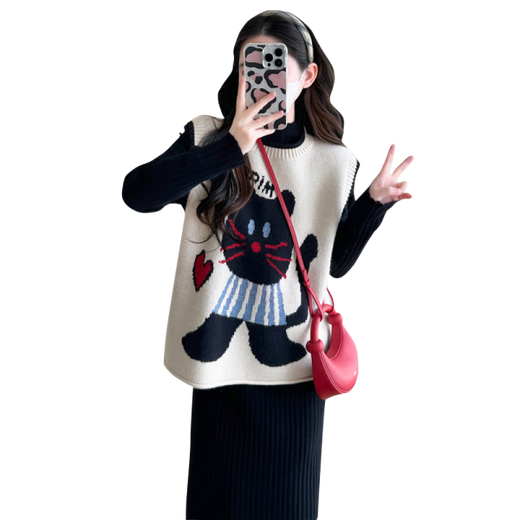 Ran Qiqi Maternity Suit Autumn and Winter New Knitted Dress Two-piece Loose Vest Winter Long Skirt Maternity Sweater Black Suit M