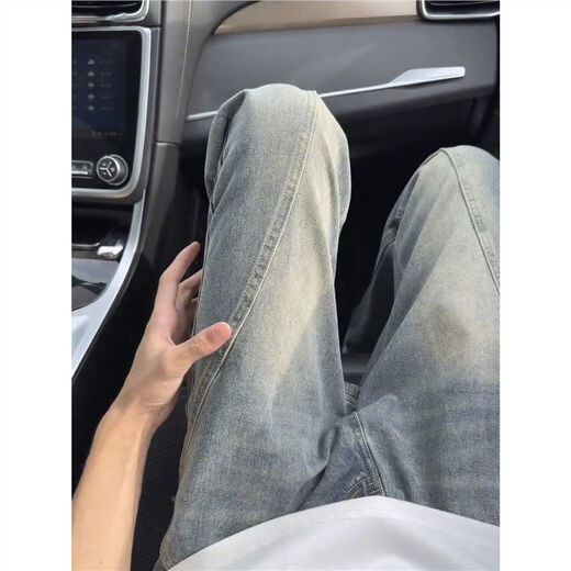 Jufeng retro blue bias-cut bootcut jeans for men, American high street vibe pants that show leg length, slim fit, straight pants, nostalgic blue L (suitable for 115-130 Jin Jin equals 0.5 kg)