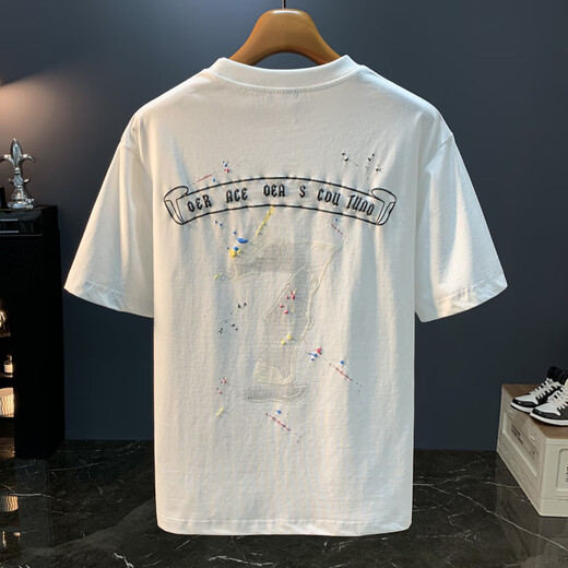 Kurashi Ichiki-Sense Personnalité Ink Embroidered Brand T-shirt à manches courtes pour hommes 2025 T-shirt américain mince d'été White HJ6630 M Poids 100-125 Jin [Jin est égal à 0,5 kg]