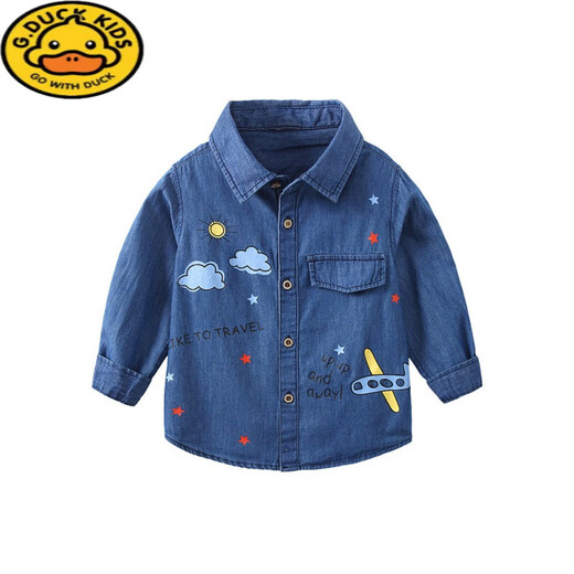 G.duck Boys Denim Shirt Pure Cotton 2026 Spring Children's Lapel Shirt Western Style Korean Baby Jacket Spring and Autumn Clothes Dark Denim Color 100 Suitable for Height 90-100cm Age 3-4 Years Old