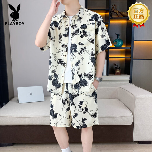 花花公子（PLAYBOY）高端夏季冰丝短袖衬衫套装男休闲痞帅碎花半袖衬衣搭配沙滩短裤 679米白套装 M 90-110斤
