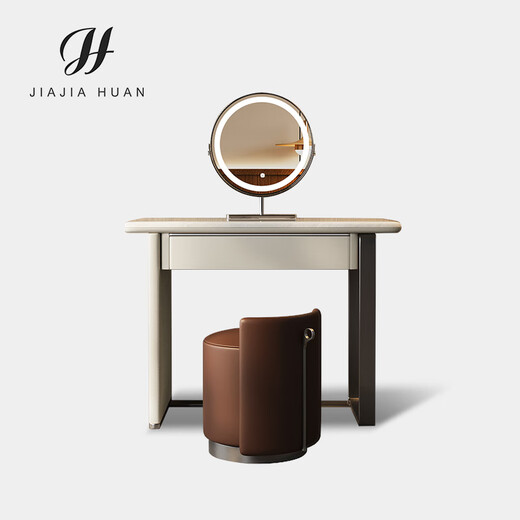 Jiajiahuan 2025 new Italian minimalist master bedroom dressing table with mirror marble bedroom high-end light luxury dressing table 0.8 meter dressing table + stool + mirror / Kari ice jade / gray titanium