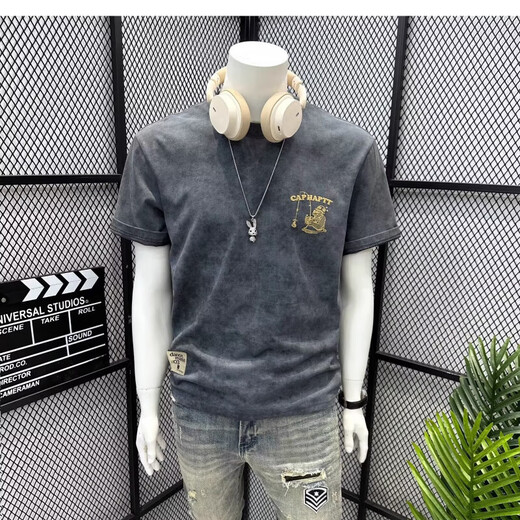 Summer new pure cotton men's casual versatile short-sleeved T-shirt American trendy brand printed light luxury slim top WZY Gray 2XL