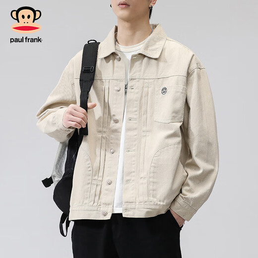 Big-mouthed monkey (paul frank) jacket men's 2025 new work jacket men's loose trendy brand pure cotton denim jacket men's beige color L