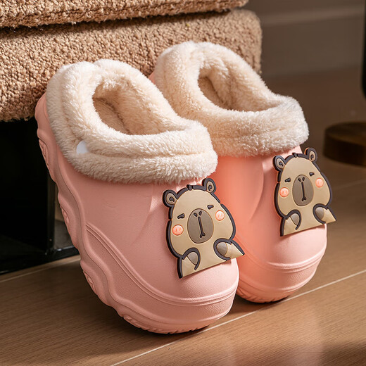 EVA children's cotton slippers with velvet for warmth in winter, cute cartoon removable non-slip parent-child cotton slippers for boys and girls, EVA warm velvet upgraded version, Khaki 37, inner length 21.5-22cm 230MM