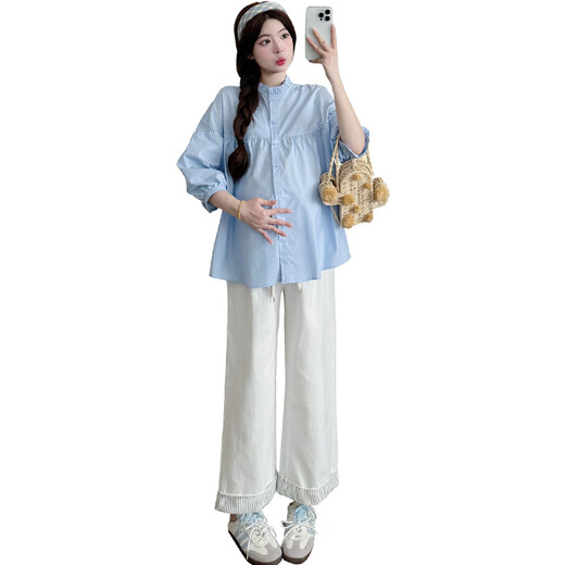 Ran Qiqi maternity wear autumn suit lazy style 2025 new long-sleeved shirt top wide-leg pants small fragrance two-piece set white shirt + navy blue pants (suit) XL
