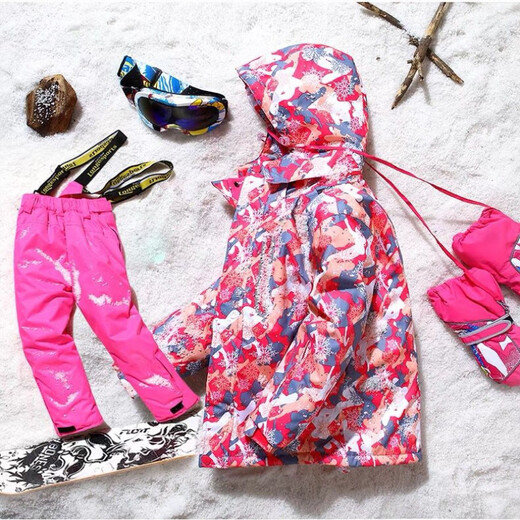 LONGE children's ski suit suit for boys and girls, waterproof, thickened and warm, middle and large children's ski suit and ski pants, rose red + rose red, size 16, 160