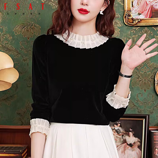 FSAT French style gold velvet top, noble and stylish black shirt, women's 2025 new autumn and winter European shirt, black XL 115-125Jin Jin is equal to 0.5 kg