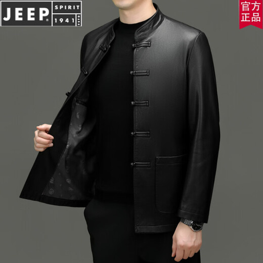 JEEP SPIRIT Spring and Autumn Haining Genuine Leather Jacket Men's First Layer Cowhide Tang Suit Chinese Style Jacket Stand Collar Chinese Style Leather Jacket Thin Black M 170