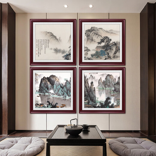 Weekend Island famous landscape painting, antique painting, ink painting, living room square hanging painting, entrance decorative painting, new Chinese style ink painting mural, riverside fisherman's house 70*70cm (living room) solid wood frame