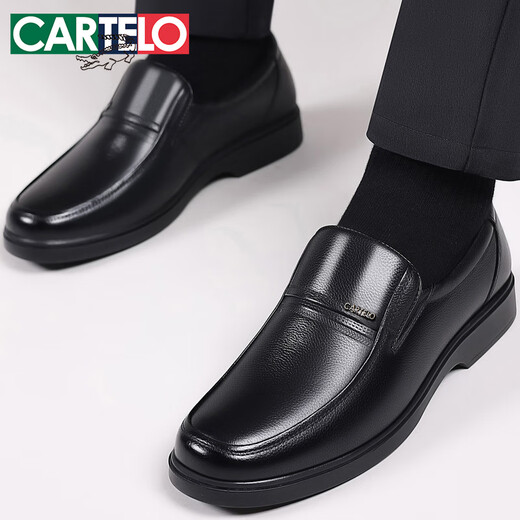 CARTELO Men's Winter Velvet Leather Shoes Men's Genuine Leather Business Casual Soft Sole Middle-aged Dad Shoes Middle-aged Warm Cotton Shoes Black Velvet Style 42